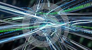 Abstract Digital Network Connection with Binary Code and Glowing Blue Light Trails
