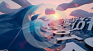Abstract Digital Sea Waves with Binary Code at Sunset