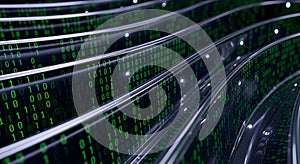 Abstract digital stream of binary code data flowing through dark futuristic tubes