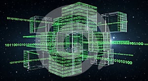 Digital Abstract Background with Transparent Cubes and Binary Code Data Streams