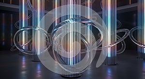 Futuristic Abstract Light Pillars and Intertwined Rings