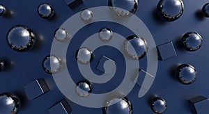 Abstract Spheres and Cubes on Blue Background