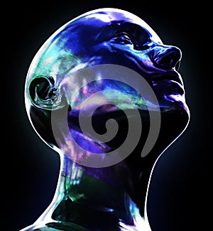 Abstract 3d render illustration of glossy back and purple blue palette colored female face