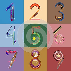 Abstract 3d render numbers one to nine set