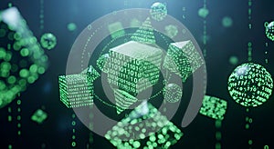 Abstract 3D Digital Art Geometric Shapes with Binary Code, Technology Data Flow