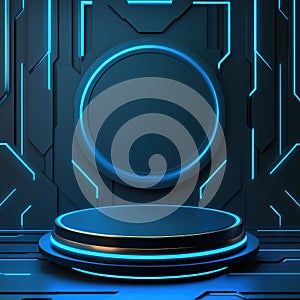 Futuristic Blue Neon Platform with Circle Background.