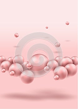 Abstract 3d rendering of chaotic spheres in empty space. Futuristic pink background. Abstract composition with chaotic floating