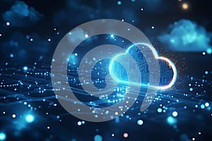 An abstract 3D rendering of a cloud computing network system with blue lines and nodes on a white background