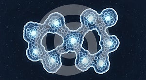 Abstract 3D rendering of a complex molecular structure with interconnected spheres in symmetrical pattern against dark blue