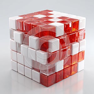 Abstract Cube of Translucent Red and White Blocks