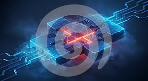 Futuristic glowing microchip surrounded by smoke