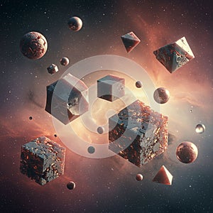 Abstract 3D rendering with floating geometric shapesâspheres, cubes, pyramidsâset