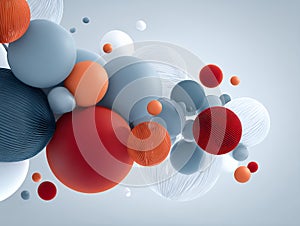 Abstract 3D Rendering of Floating Textured Spheres in Red, Blue, and Grey