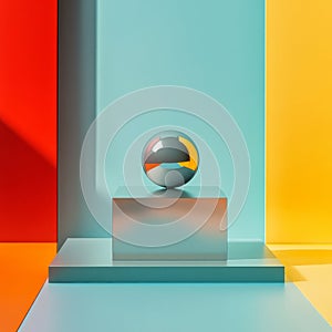 Abstract 3d rendering of geometric forms. Colorful background with podium.