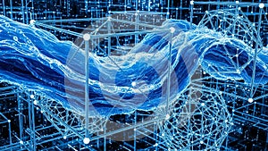 Abstract 3D rendering of glowing blue digital network with interconnected nodes and flowing data streams