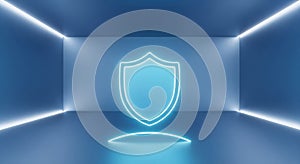 Glowing Neon Security Shield Icon: Advanced Digital Protection for Modern Business and Technology Concepts.