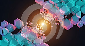 Abstract 3D rendering of glowing cubes exploding into fragments