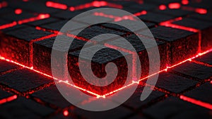 Abstract 3D rendering of glowing red lines between dark textured blocks, creating a striking visual