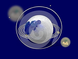 Stylized image of a model of the planet with golden rings and blue gems. Abstract image on a blue background. 3D rendering