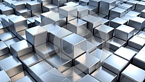 Abstract 3D rendering of a metallic cube pattern, geometric background.