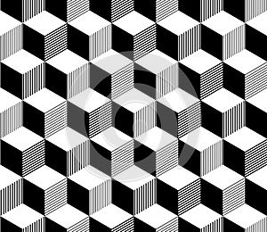 Abstract 3d striped cubes geometric seamless pattern in black and white, vector