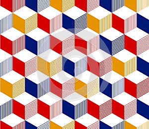 Abstract 3d striped cubes geometric seamless pattern in red blue yellow and white, vector