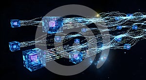 Abstract Data Flow Glowing Cubes Connected by Network Streams in Space