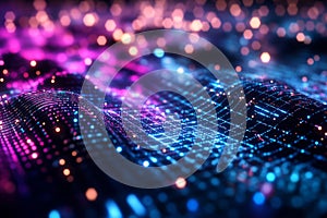 Abstract 3D visualization of quantum computing technology, floating particles forming a glowing grid