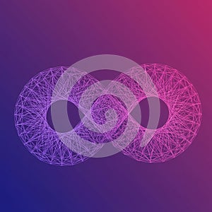 An abstract 3D wireframe infinity symbol appears against a gradient background