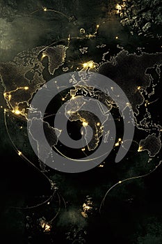 An abstract 3D world map with interconnected nodes and glowing GIS network lines.