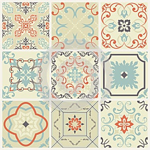 Abstract damask patterns set of nine seamless in retro style for design use. Vector illustration.