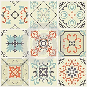 Abstract damask patterns set of nine seamless in retro style for design use. Vector illustration.