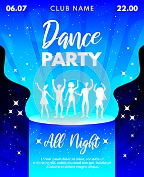 Abstract Dance Party template for banner, flyer, poster, invitation. Place for text. Dancing young people silhouettes. Dance party