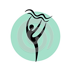 Abstract dancer black silhouette over round shape. Dance studio logo design template