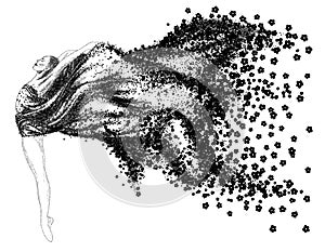 Abstract dancer of the dress of particles flowing with wind