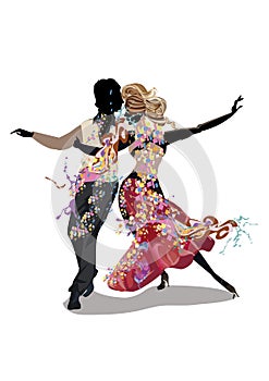 Abstract dancing couple decorated with splashes, waves, notes.