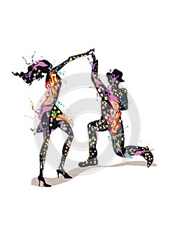 Abstract dancing couple decorated with splashes, waves, notes.