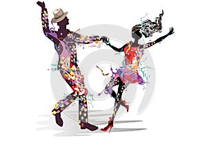 Abstract dancing couple decorated with splashes, waves, notes. Hand drawn vector illustration .