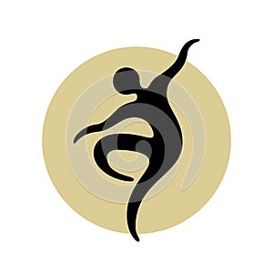 Abstract dancing man black silhouette over round shape. Illustration