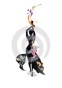 Abstract dancing woman decorated with splashes and waves. Hand drawn vector illustration .