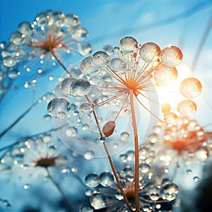 abstract Dandelion flower seeds with water drops background with blue sky, photo by Generative AI