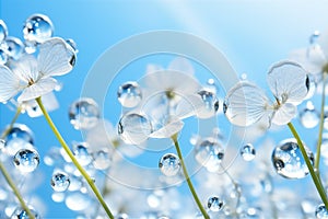 abstract Dandelion flower seeds with water drops background with blue sky, photo by Generative AI
