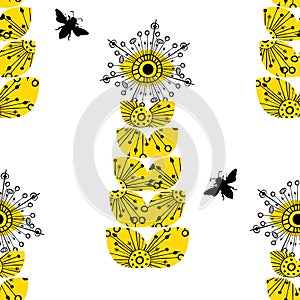 Abstract dandelion seed and honey bees seamless vector pattern background.Stylized folk art mix of herbacious garden