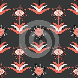 Abstract dandelion seeds seamless vector pattern background.Stylized folk art mix of herbacious garden flowers black red