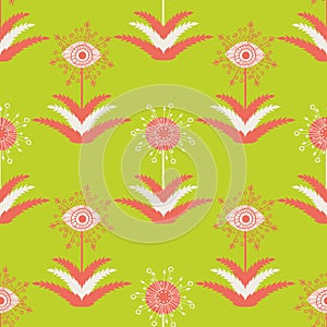 Abstract dandelion seeds seamless vector pattern background.Stylized folk art mix of herbacious garden flowers lime