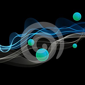 Abstract dark background of blue and gray lines wavy waves. Two waves movement, design element