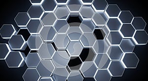 Futuristic glowing hexagonal grid pattern, abstract technology background created as an AI-generated image