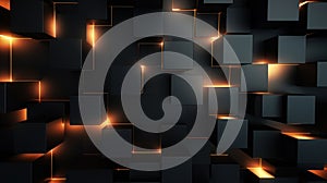 Abstract dark background with glowing cubes. 3d render. Square composition. Generative AI