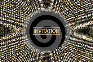 Abstract dark background of gold and silver dots, halftone frame, invitation
