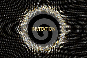 Abstract dark background of gold and silver dots, halftone frame, invitation